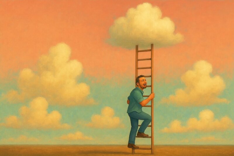 Iloinen henkilö nousee portaita kohti taivasta, joka on täynnä pehmeitä pilviä ja korallin sävyjä. Tausta on surrealistinen mutta rauhallinen, ja kuva on vaakasuuntainen.